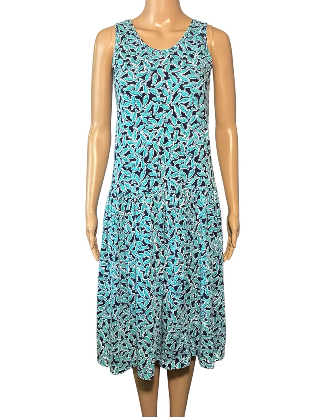 Vintage Laura Ashley Dress SizeS Fish Print Midi Sleeveless Fit Flare 100%Cotton